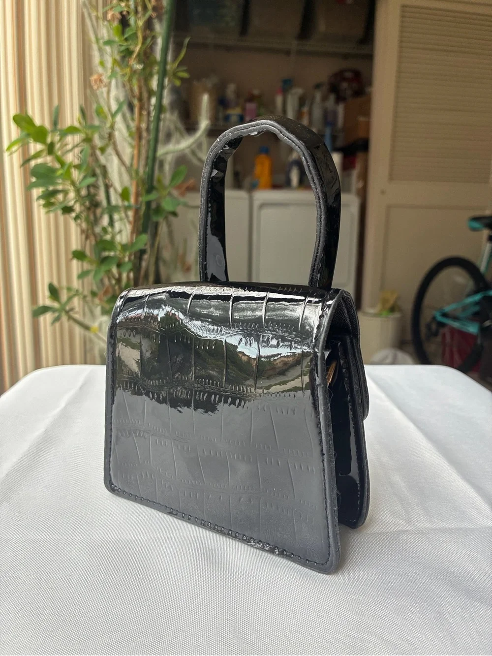 Black Patent Crocodile Embossed Mini Bag | Convertible Top Handle Crossbody - Picture 4 of 13